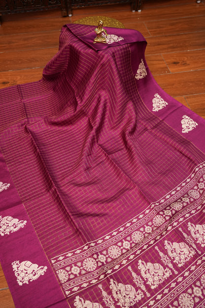 Semi Tussar Saree with Checkered Body & Elephant Motifs – Wine Magenta