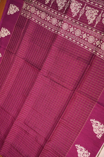 Semi Tussar Saree with Checkered Body & Elephant Motifs – Wine Magenta