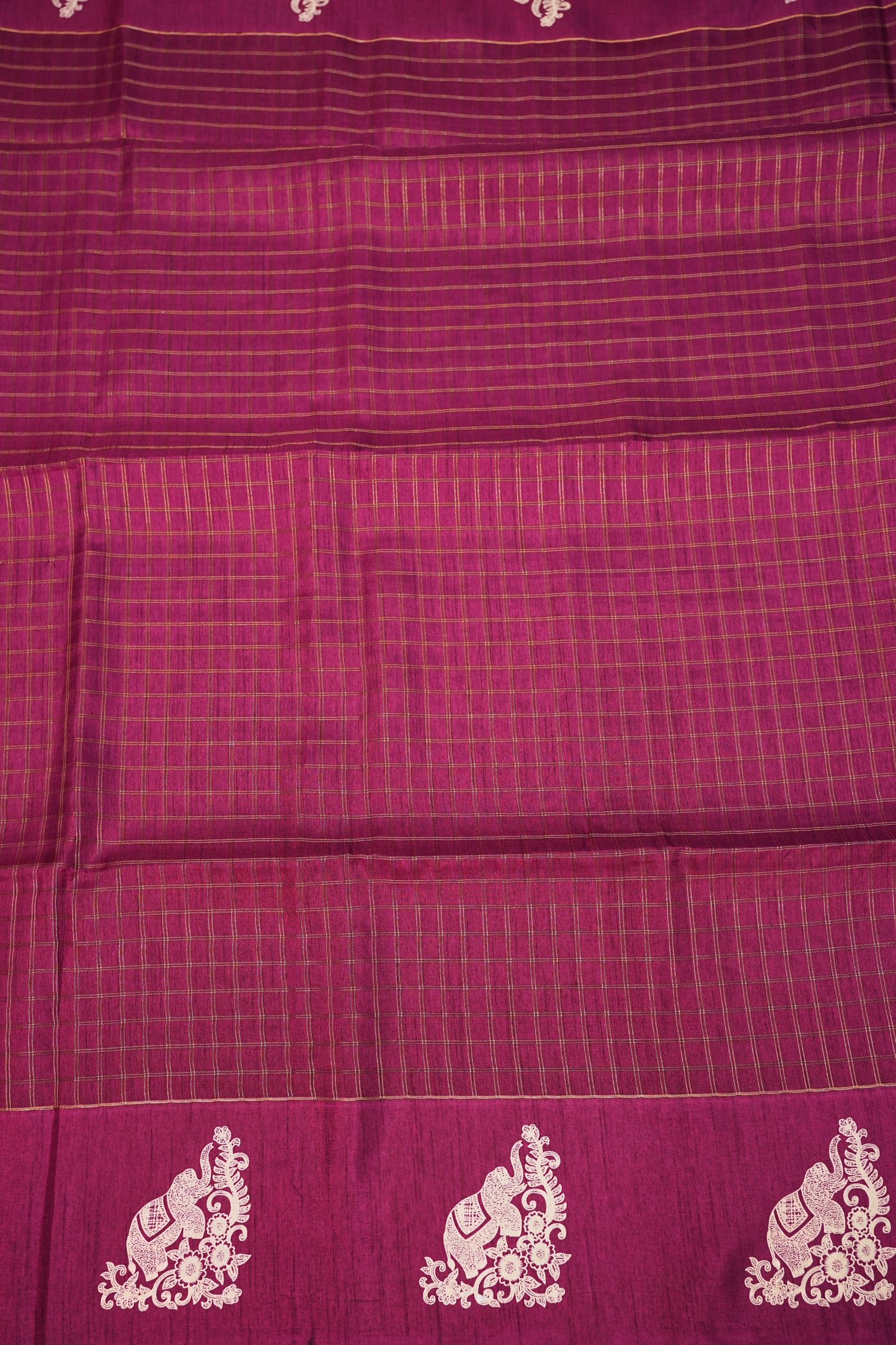 Semi Tussar Saree with Checkered Body & Elephant Motifs – Wine Magenta