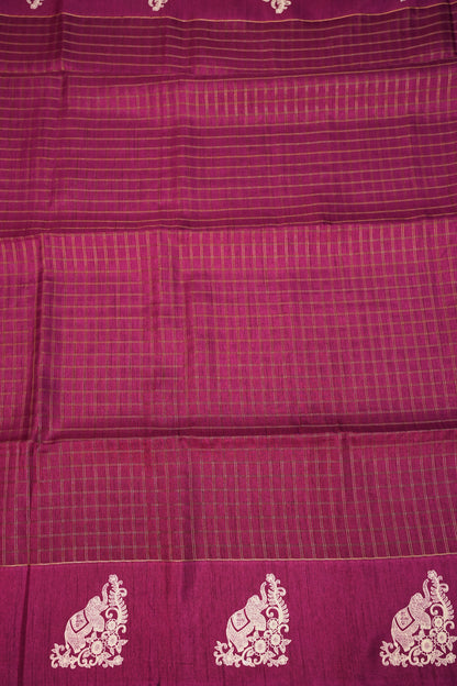 Semi Tussar Saree with Checkered Body & Elephant Motifs – Wine Magenta
