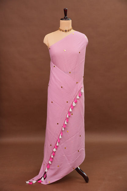 Mulmul Cotton Saree with Tassels - Pink