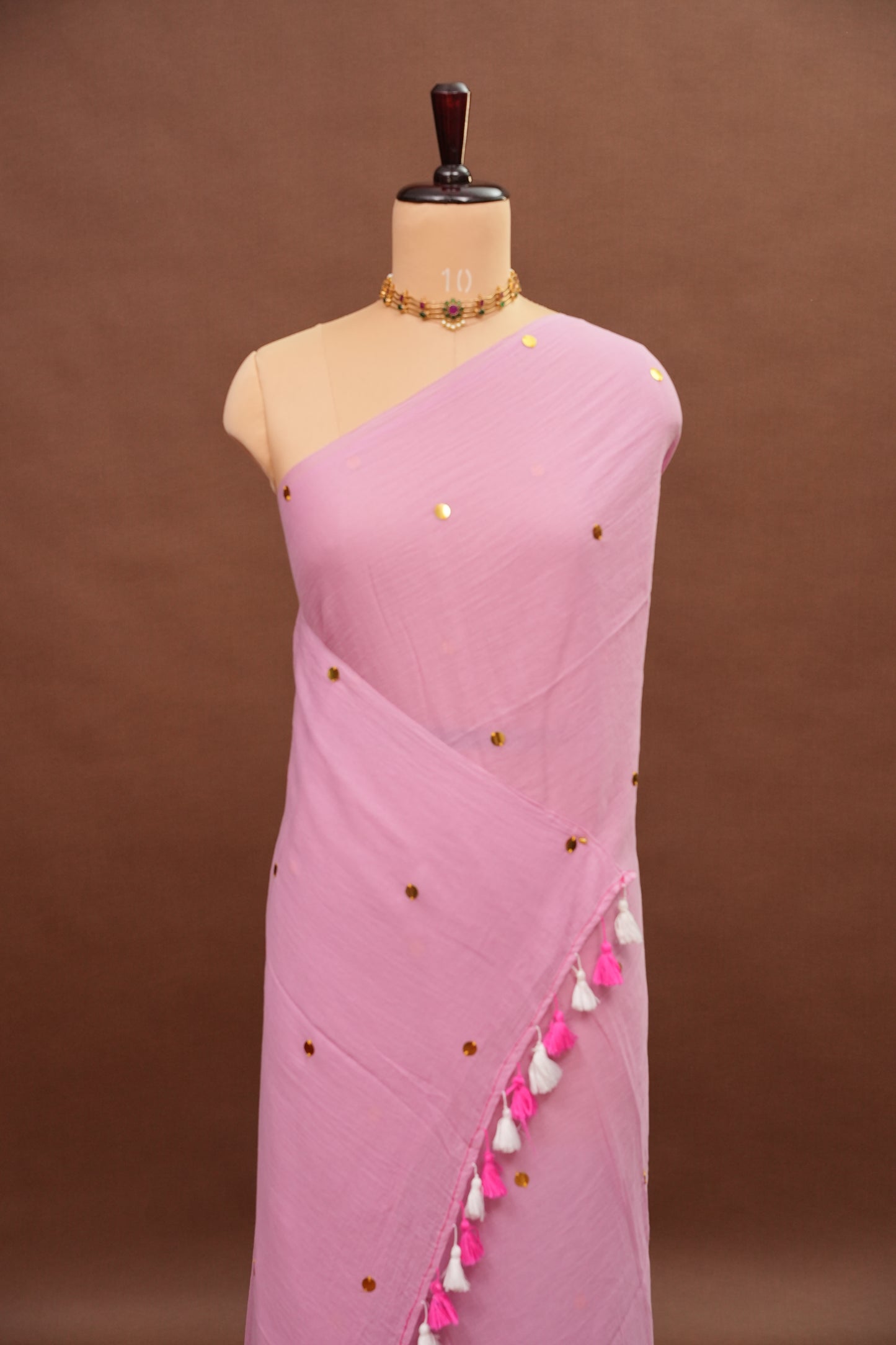 Mulmul Cotton Saree with Tassels - Pink