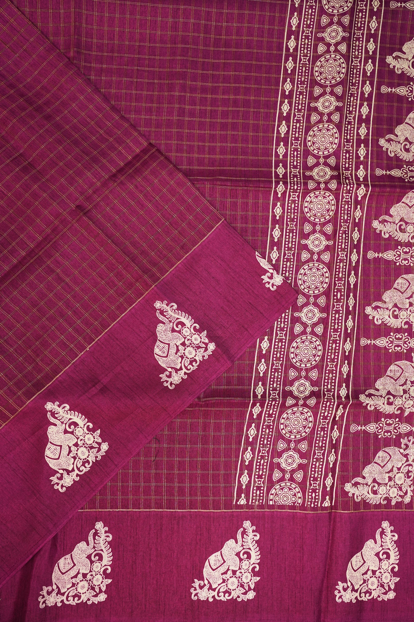 Semi Tussar Saree with Checkered Body & Elephant Motifs – Wine Magenta