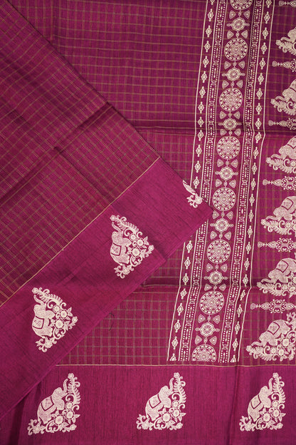 Semi Tussar Saree with Checkered Body & Elephant Motifs – Wine Magenta