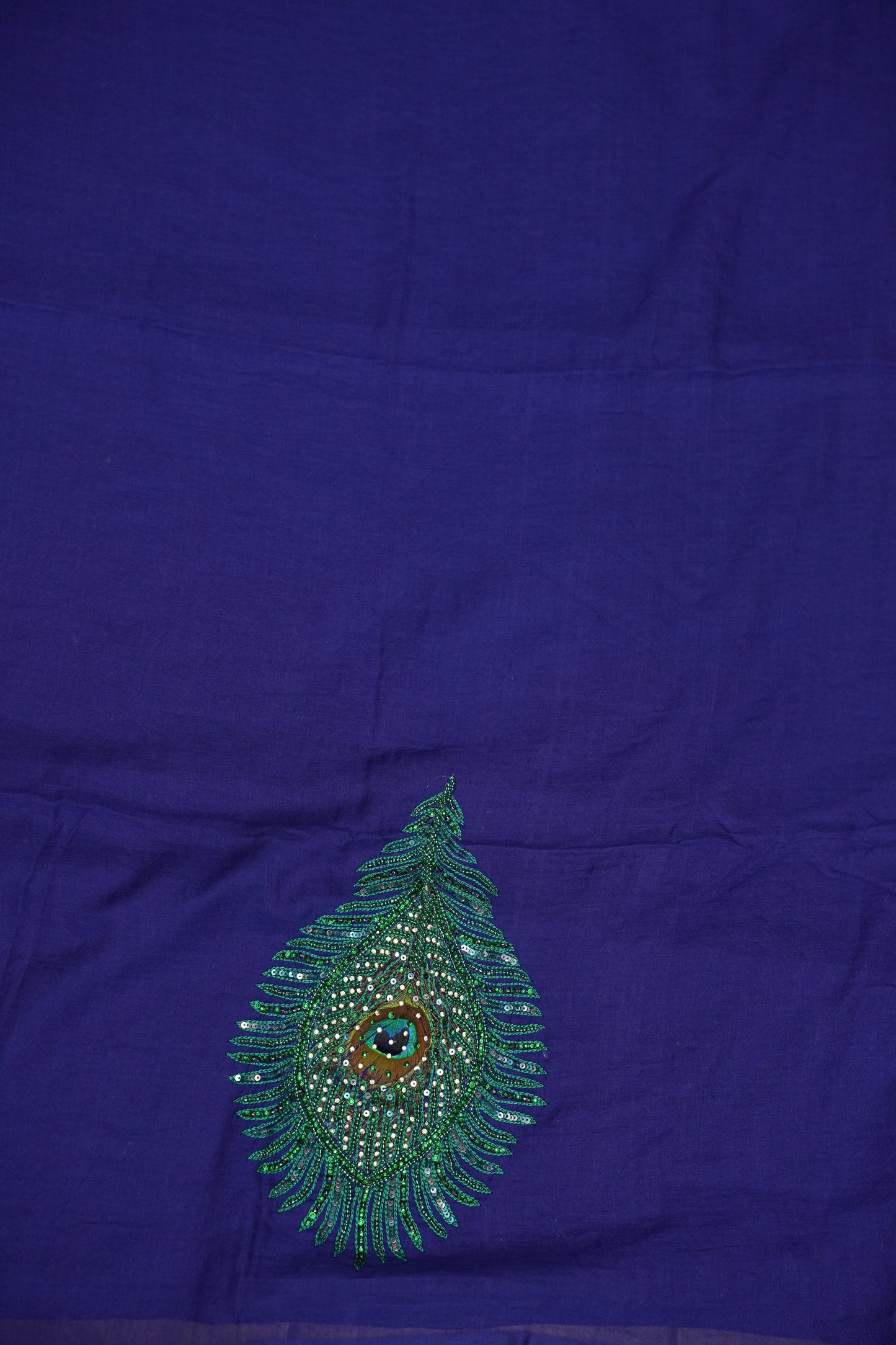 Royal Blue Mul Mul Cotton Party Wear Saree with Handcrafted Peacock Feather Embellishment