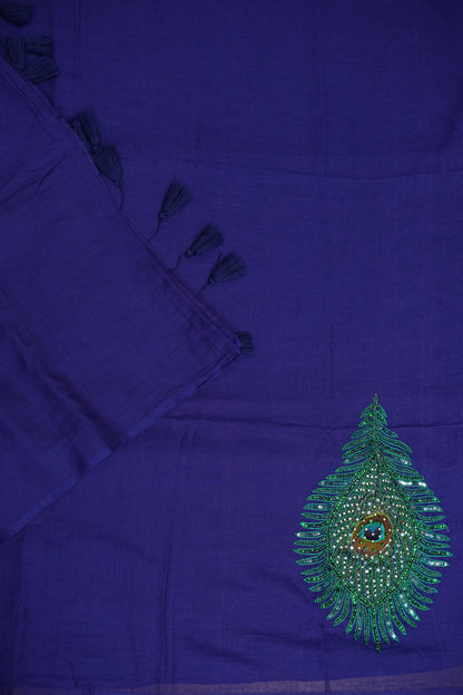 Royal Blue Mul Mul Cotton Party Wear Saree with Handcrafted Peacock Feather Embellishment