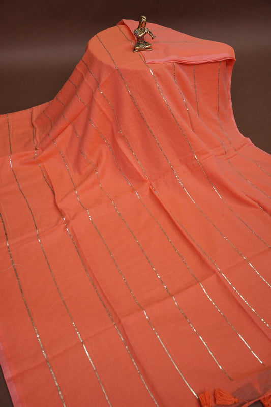 Mulmul Cotton Saree with Tassels - Peach Orange
