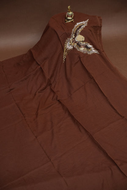 Chocolate Brown Mul Mul Cotton Party Wear Saree with Handcrafted Flying Eagle Embellishment