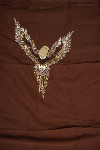 Chocolate Brown Mul Mul Cotton Party Wear Saree with Handcrafted Flying Eagle Embellishment
