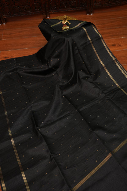 Semi Tussar Silk Saree with Traditional Gap Border – Black