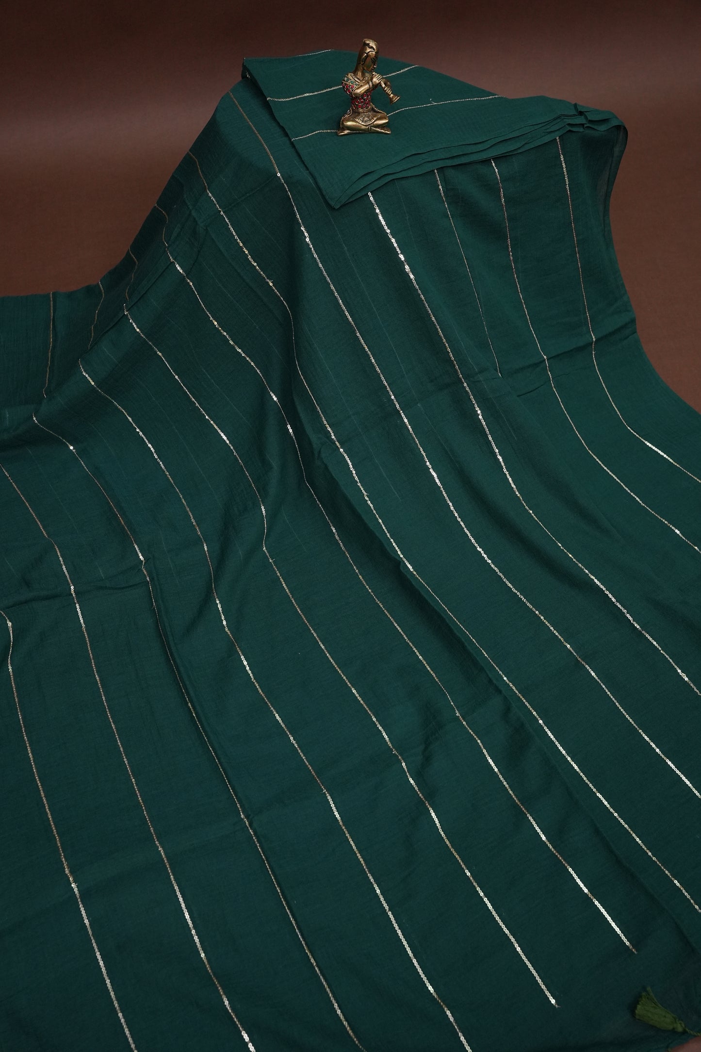 Mulmul Cotton Saree with Tassels - Teal Green