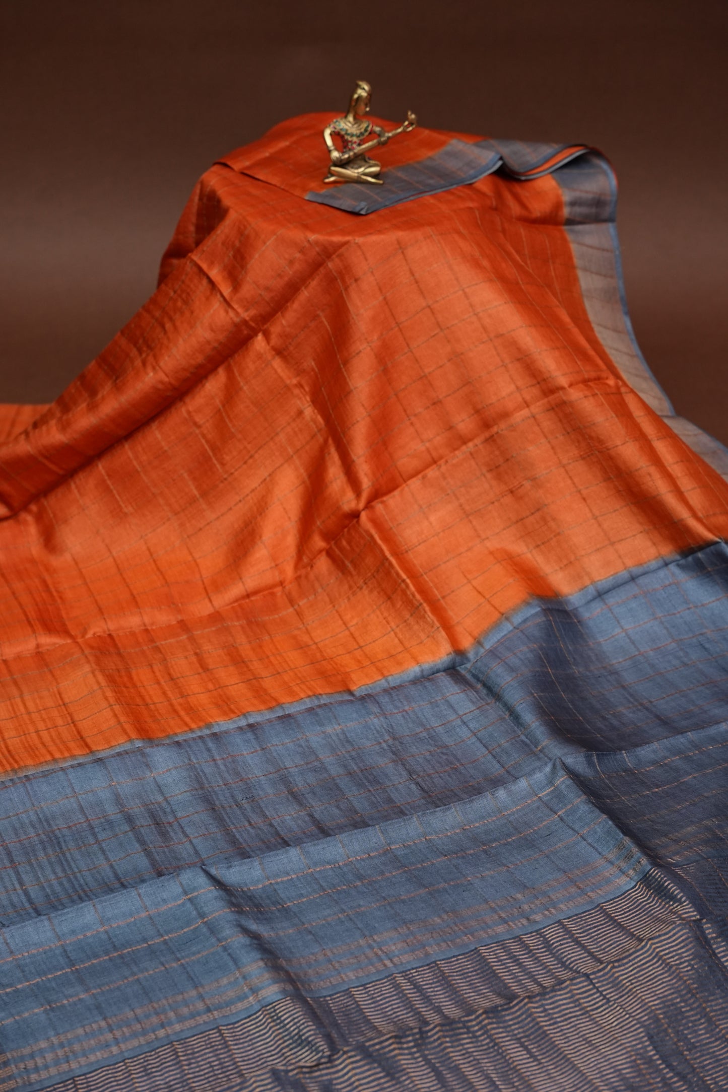 Pure Tussar Silk Saree with Handpainted Blouse-Orange|Silk Mark Certified