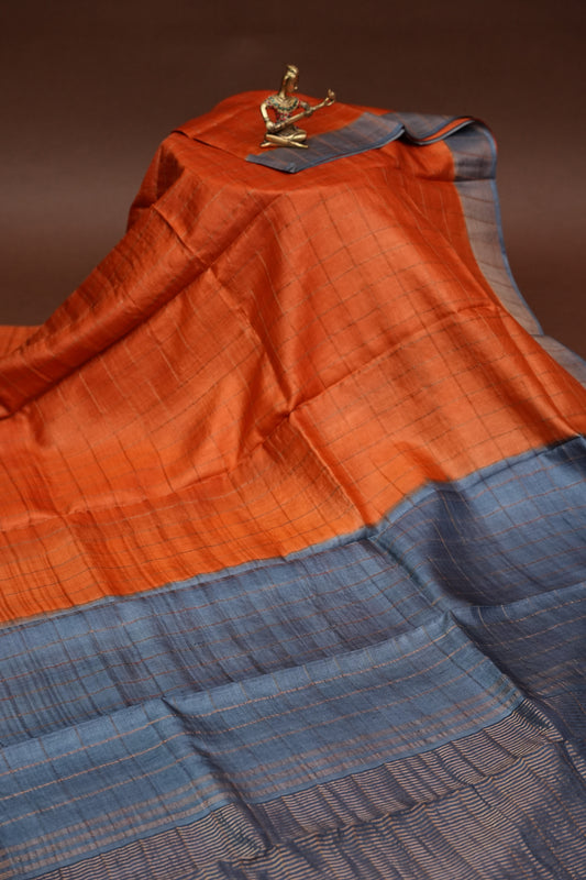 Pure Tussar Silk Saree with Handpainted Blouse-Orange