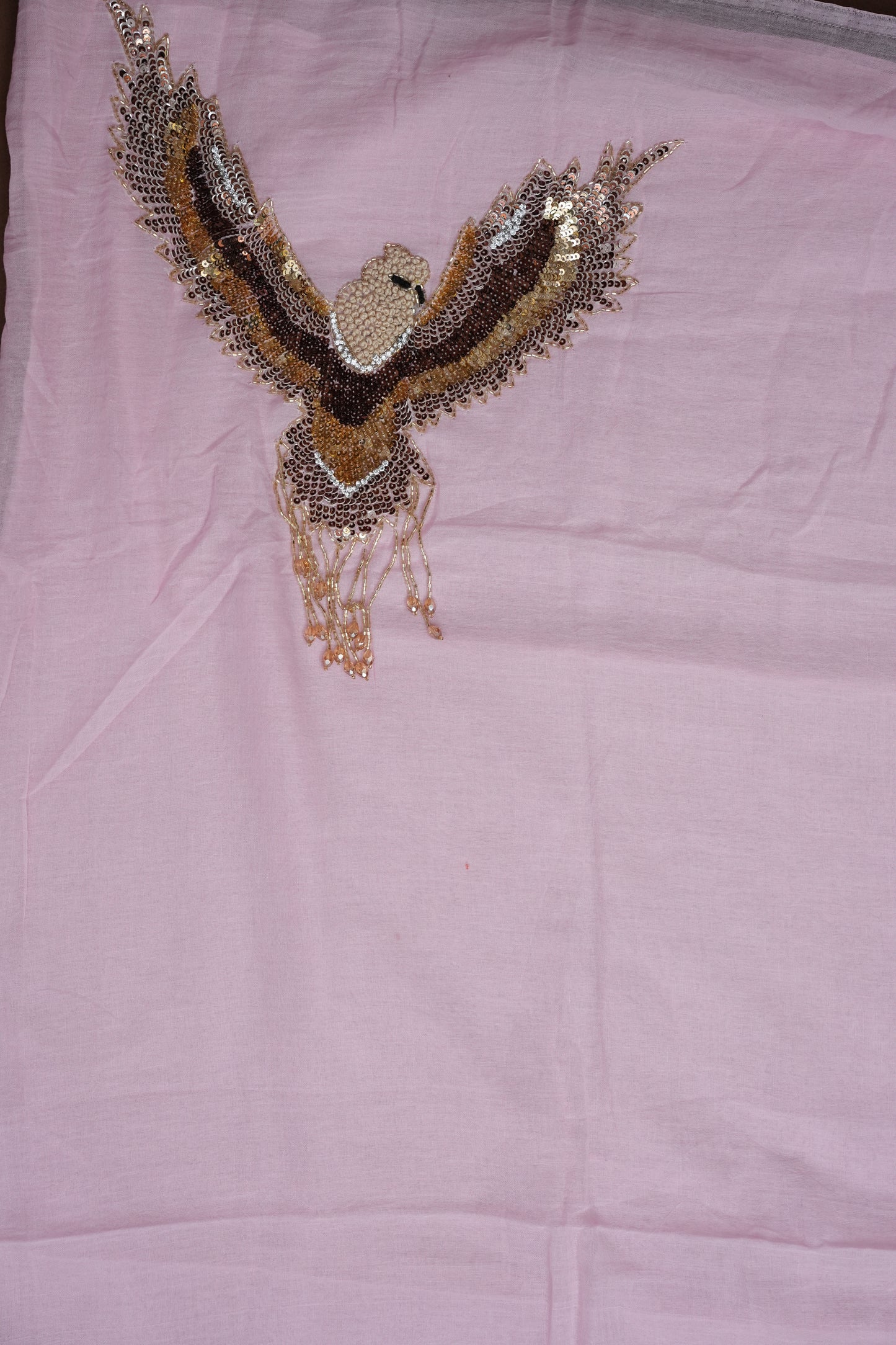 Blush Pink Mul Mul Cotton Party Wear Saree with Handcrafted Flying Eagle Embellishment