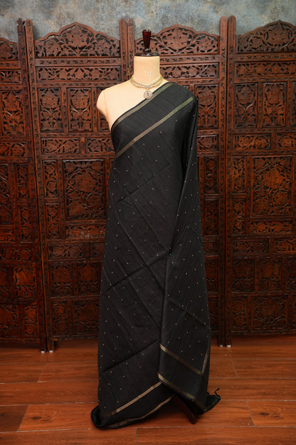 Semi Tussar Silk Saree with Traditional Gap Border – Black