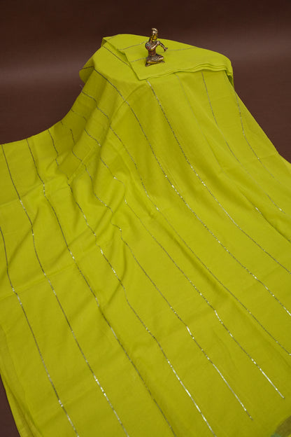 Mulmul Cotton Saree with Tassels - Parrot Green