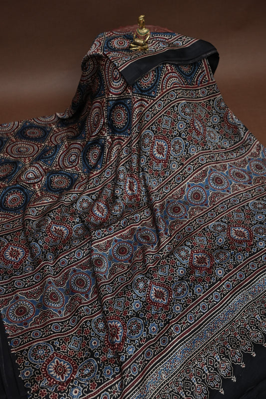 Pure Modal Silk Saree with Authentic Ajrakh Prints – Black