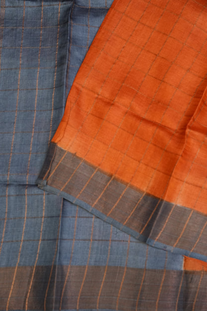 Pure Tussar Silk Saree with Handpainted Blouse-Orange|Silk Mark Certified