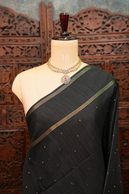 Semi Tussar Silk Saree with Traditional Gap Border – Black