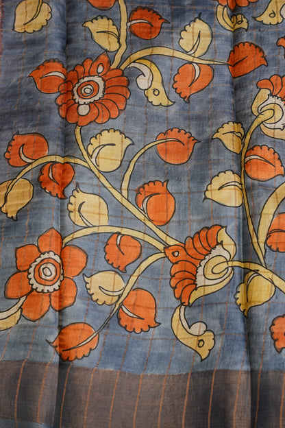 Pure Tussar Silk Saree with Handpainted Blouse-Orange|Silk Mark Certified