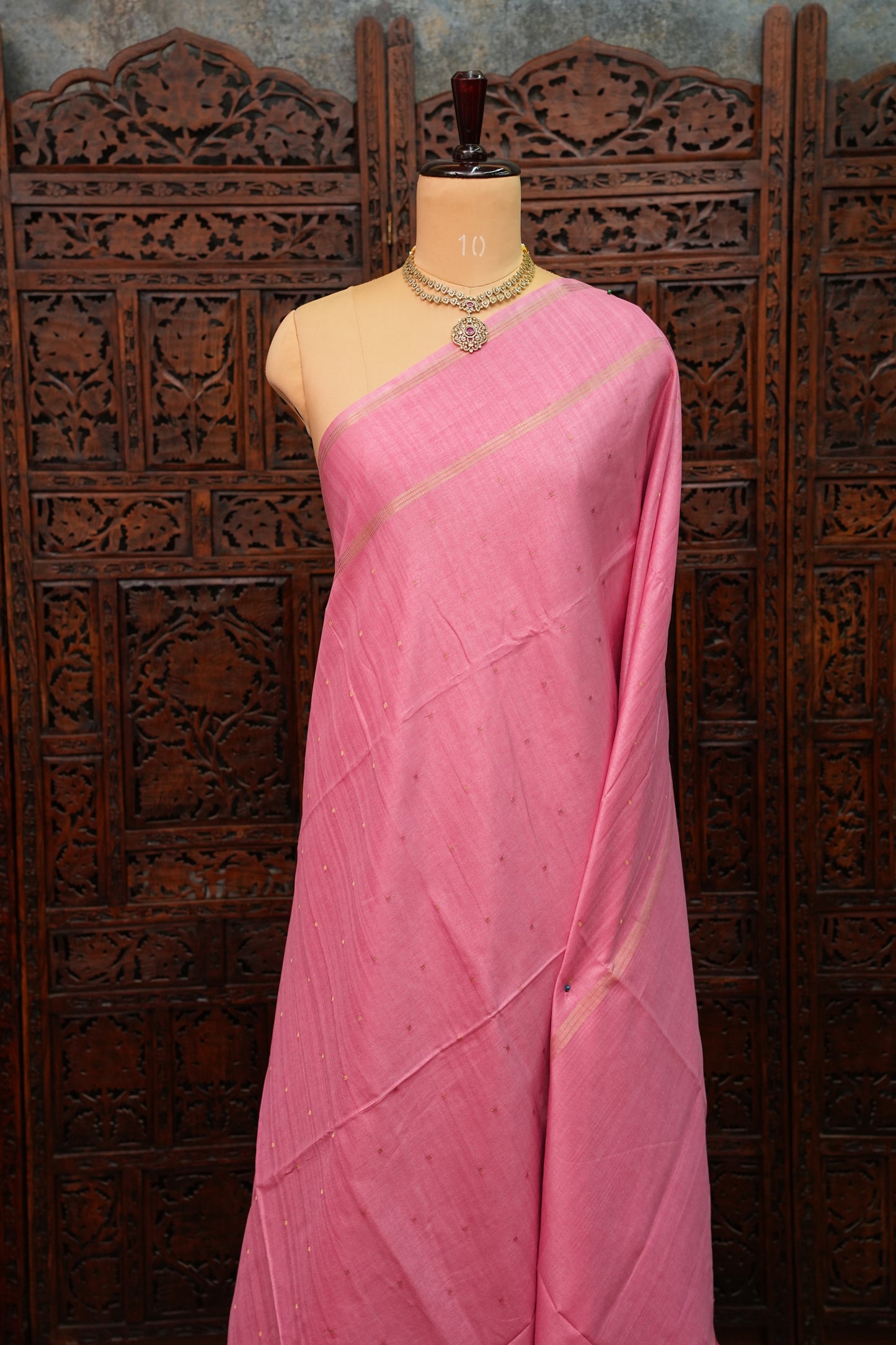 Semi Tussar Silk Saree with Traditional Gap Border – Rose Pink