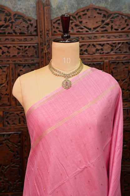 Semi Tussar Silk Saree with Traditional Gap Border – Rose Pink
