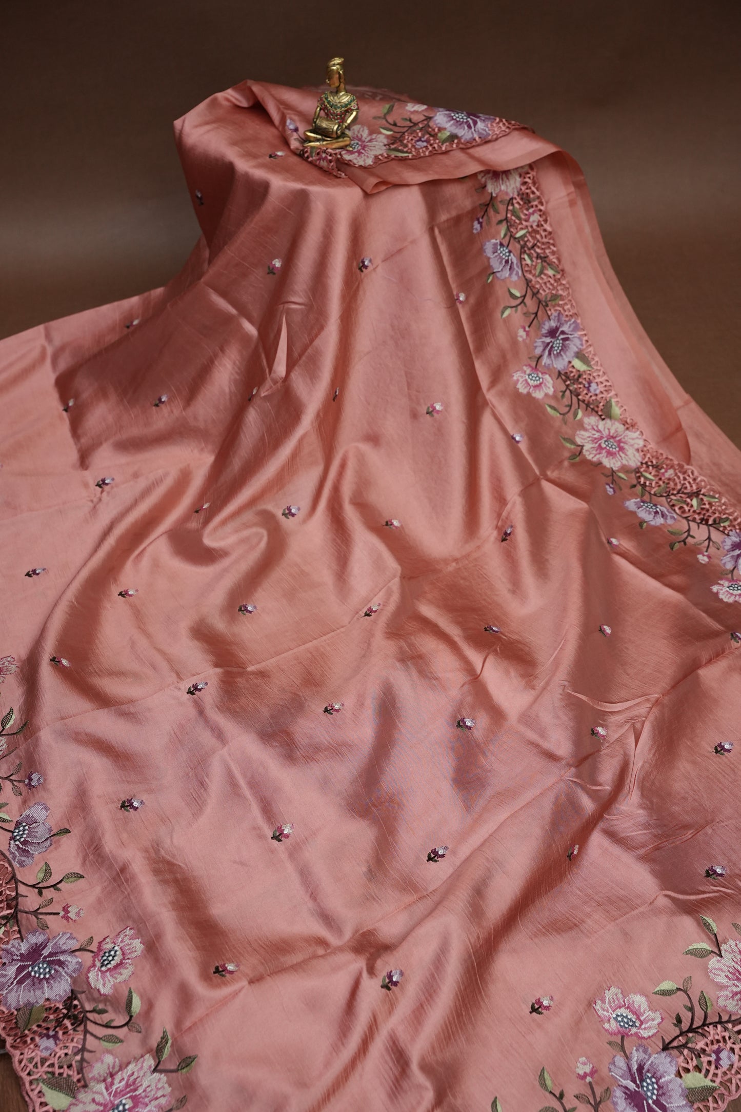 Party Wear Embroidered Soft Organza Saree – Blush Peach Floral Elegance