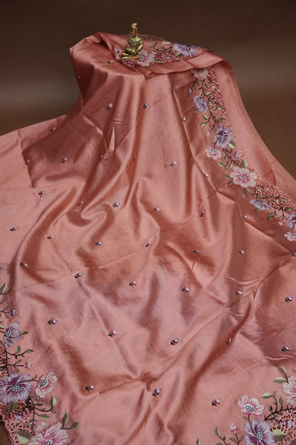 Party Wear Embroidered Soft Organza Saree – Blush Peach Floral Elegance