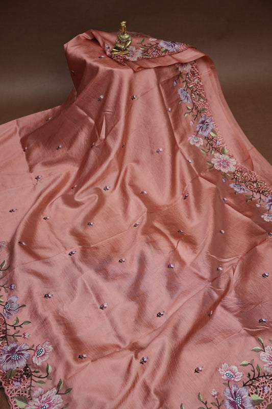 Party Wear Embroidered Soft Organza Saree – Blush Peach Floral Elegance