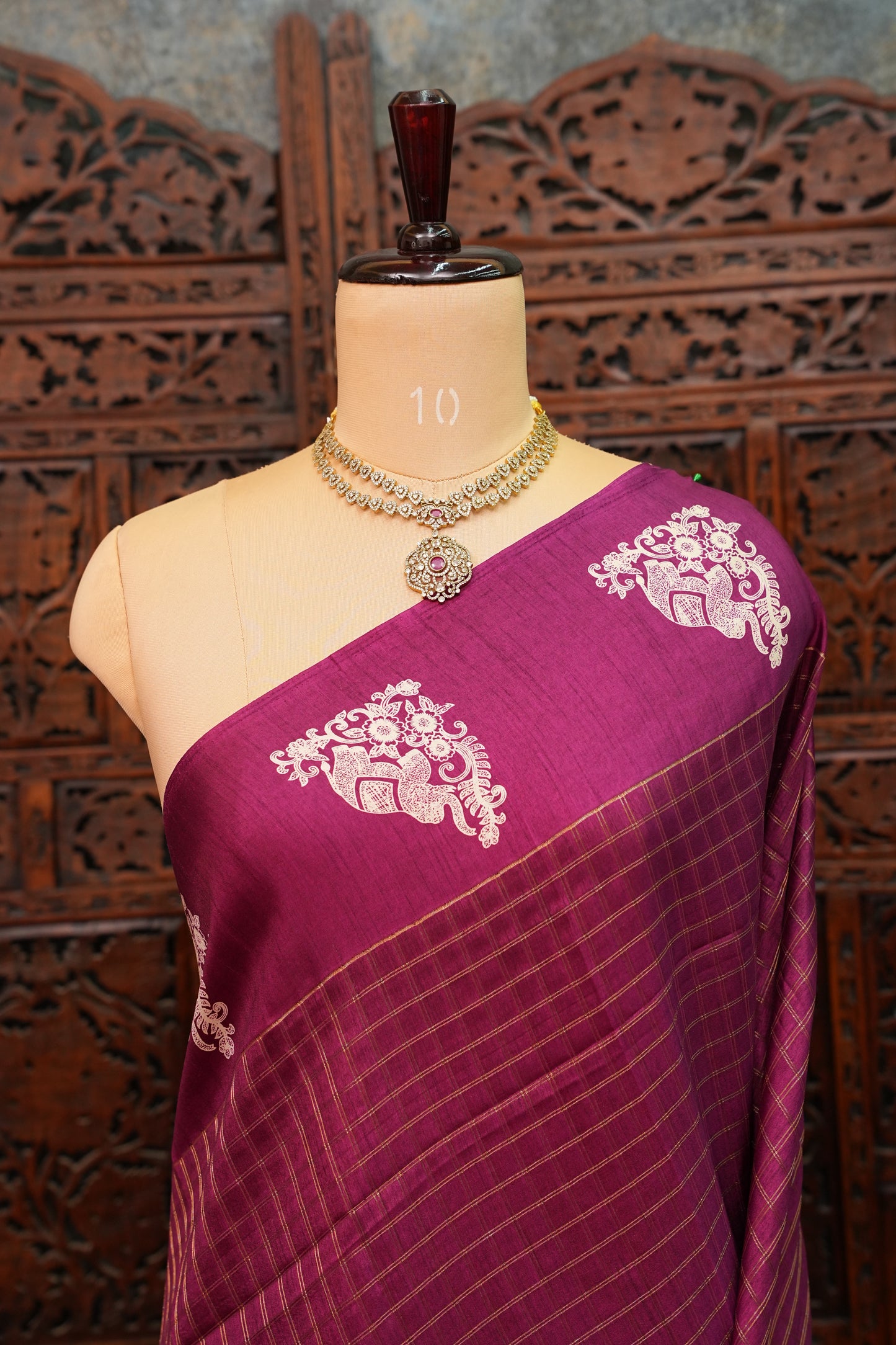 Semi Tussar Saree with Checkered Body & Elephant Motifs – Wine Magenta