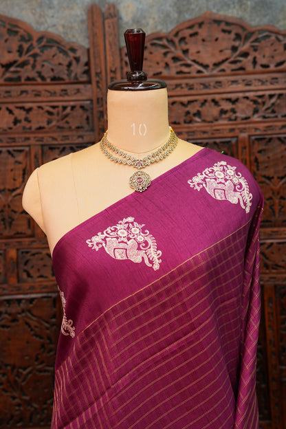 Semi Tussar Saree with Checkered Body & Elephant Motifs – Wine Magenta
