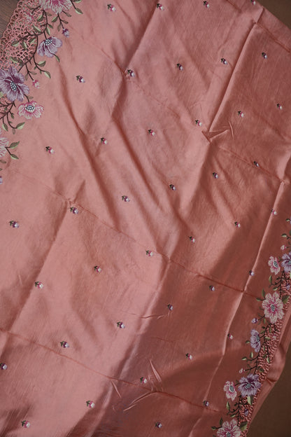 Party Wear Embroidered Soft Organza Saree – Blush Peach Floral Elegance