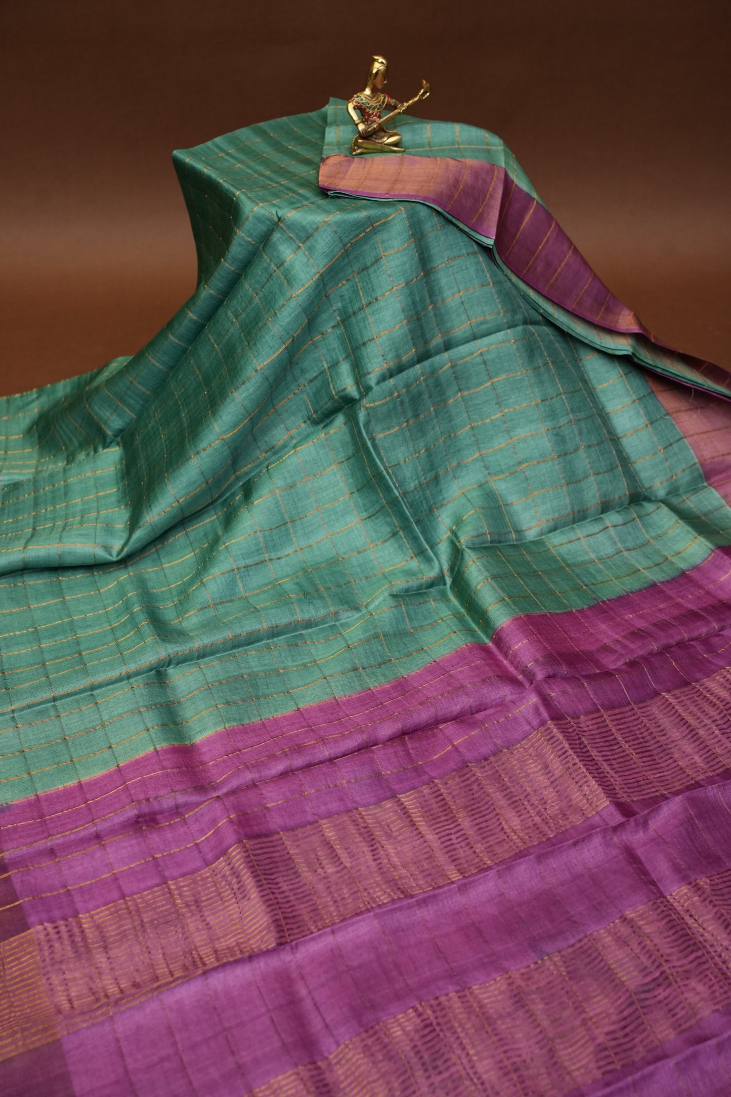 Pure Tussar Silk Saree with Handpainted Blouse-Sea Green|Silk Mark Certified
