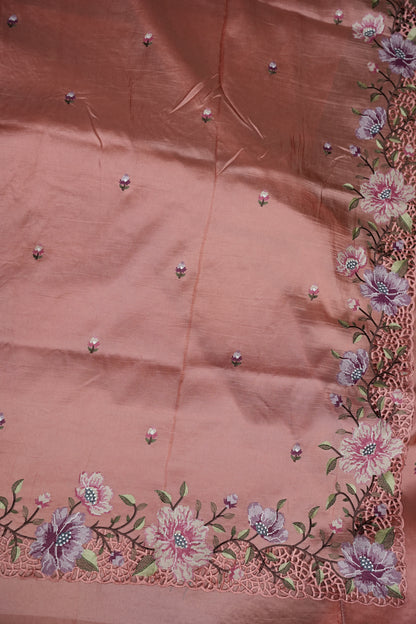 Party Wear Embroidered Soft Organza Saree – Blush Peach Floral Elegance