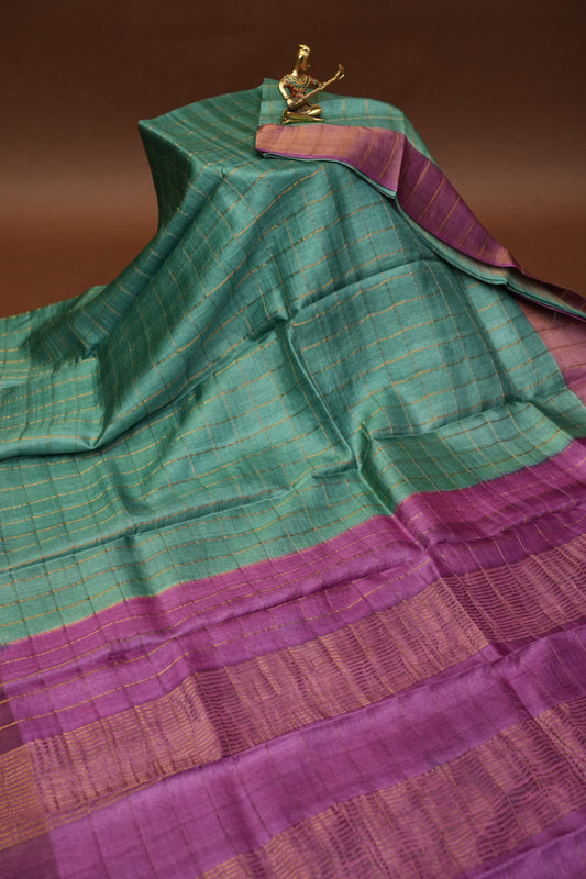 Pure Tussar Silk Saree with Hand-Painted Kalamkari Blouse | Silk Mark Certified