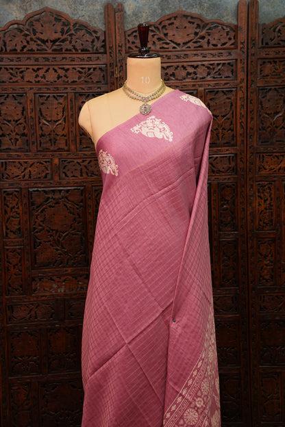 Semi Tussar Saree with Checkered Body & Elephant Motifs – Dusty Rose Pink