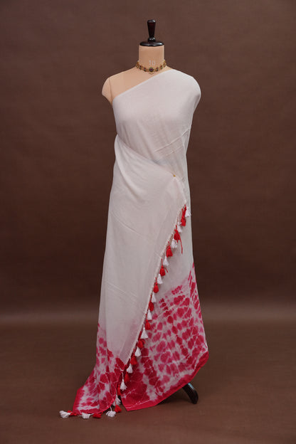 Mulmul Cotton Saree with Tassels - Pink