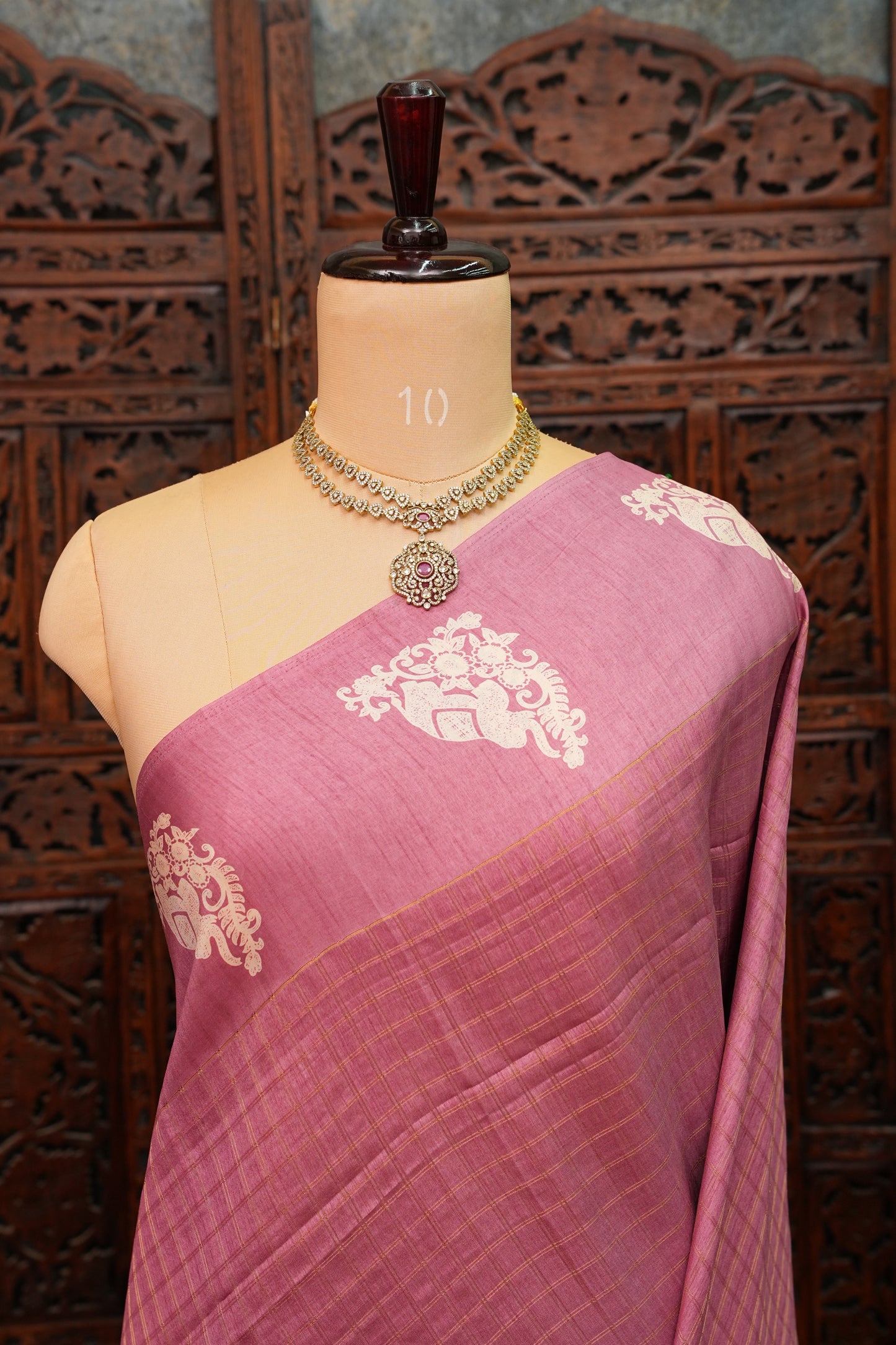 Semi Tussar Saree with Checkered Body & Elephant Motifs – Dusty Rose Pink