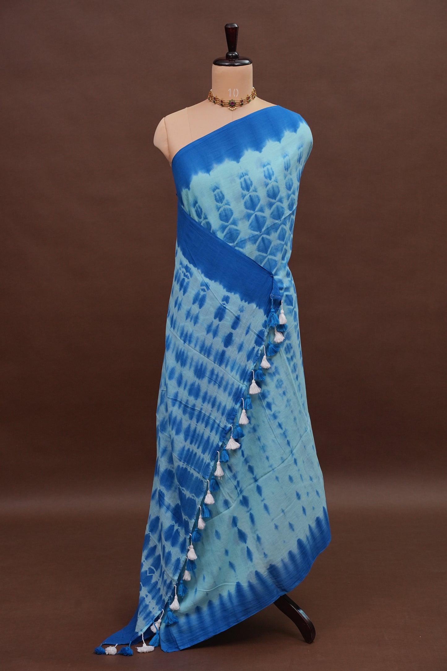 Mulmul Cotton Saree with Tassels - Blue