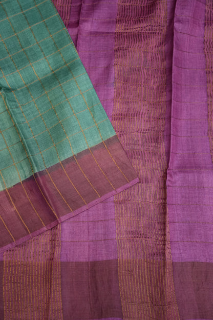Pure Tussar Silk Saree with Handpainted Blouse-Sea Green|Silk Mark Certified