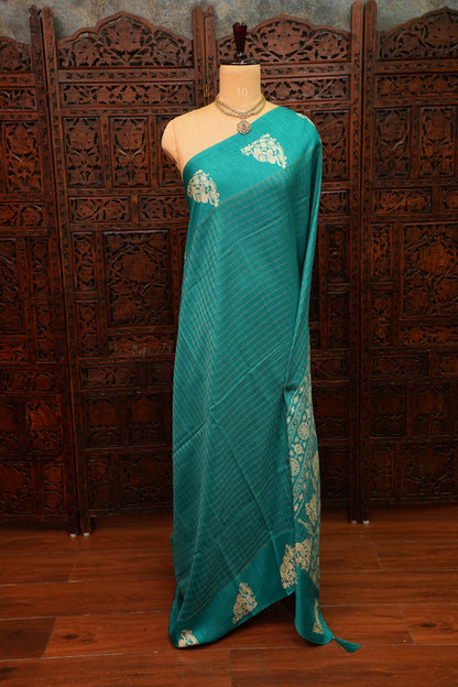 Semi Tussar Saree with Checkered Body & Elephant Motifs – Turquoise Blue