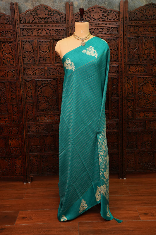 Semi Tussar Saree with Checkered Body & Elephant Motifs – Turquoise Blue