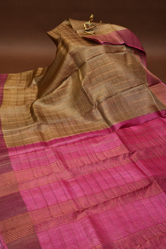 Pure Tussar Silk Saree with Hand-Painted Kalamkari Blouse | Silk Mark Certified