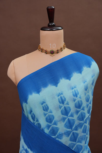 Mulmul Cotton Saree with Tassels - Blue