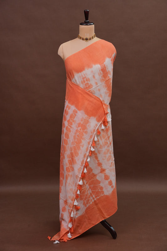 Mulmul Cotton Saree with Tassels - Peach