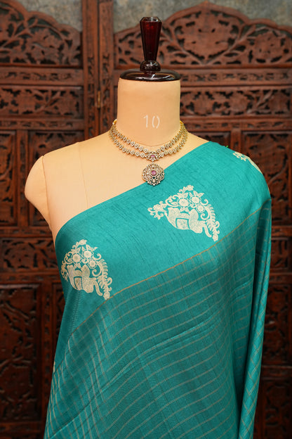 Semi Tussar Saree with Checkered Body & Elephant Motifs – Turquoise Blue
