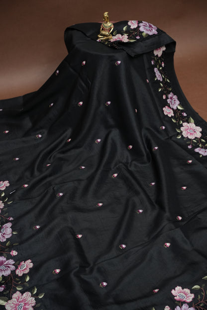 Party Wear Embroidered Soft Organza Saree – Classic Black Floral Elegance
