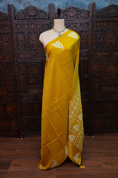 Semi Tussar Saree with Checkered Body & Elephant Motifs – Mustard Yellow