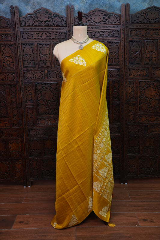 Semi Tussar Saree with Checkered Body & Elephant Motifs – Mustard Yellow