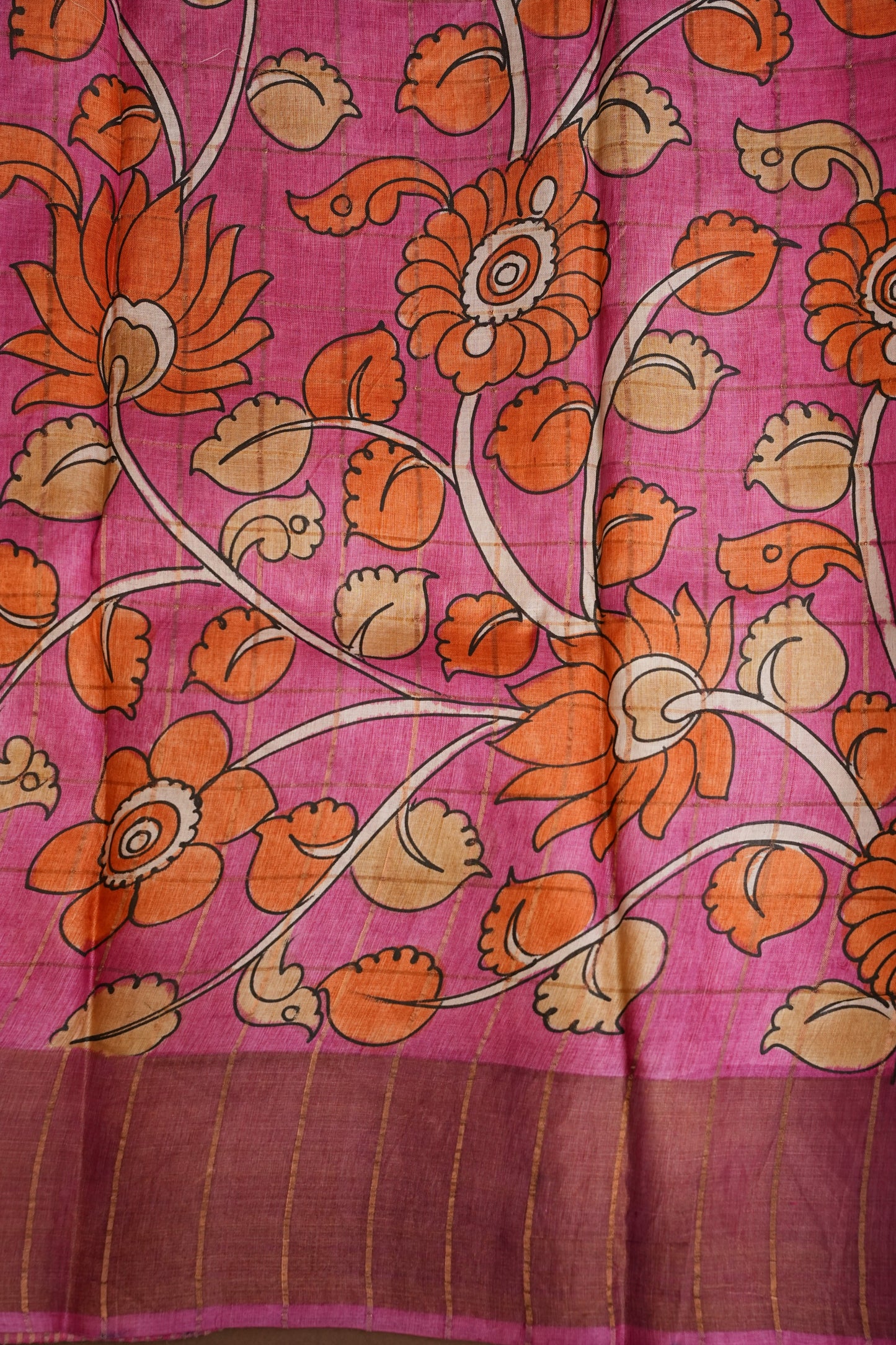 Pure Tussar Silk Saree with Hand-Painted Kalamkari Blouse | Silk Mark Certified